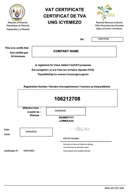 Rwanda VAT certificate Word and PDF template 